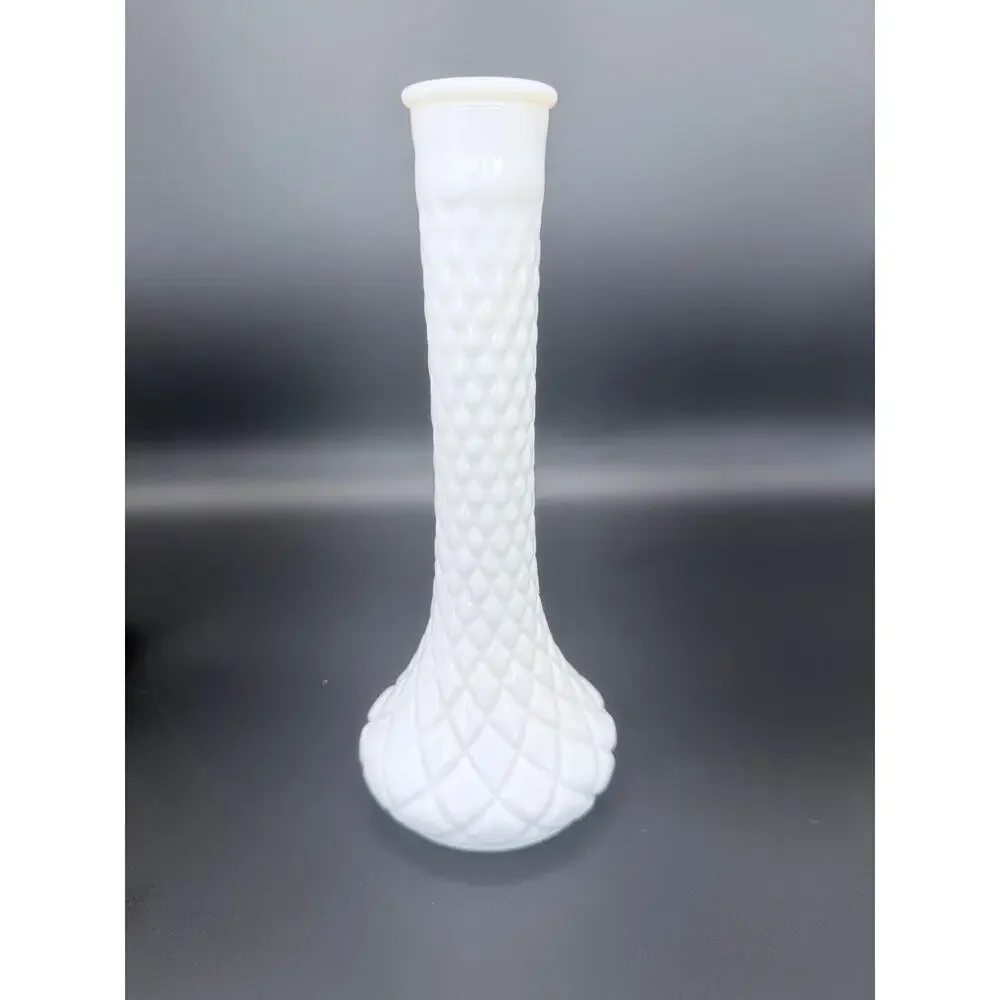 Vintage Randall No 5 Milk Glass Bud Vase Diamond Quilt 9 Inch White MCM